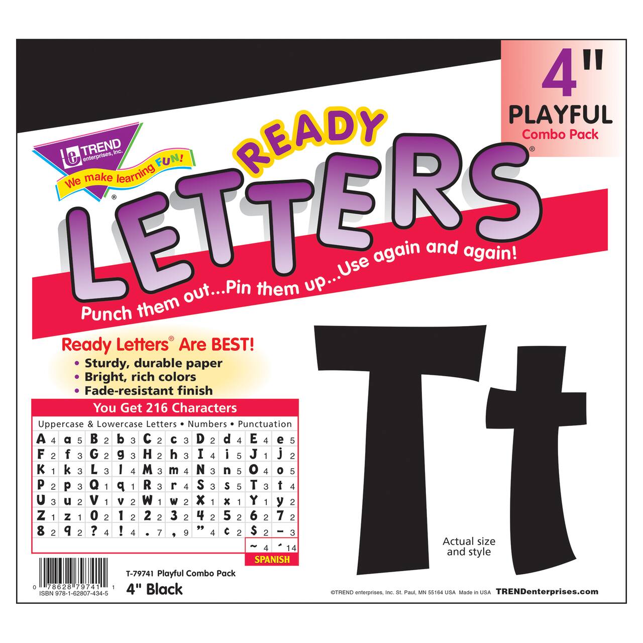 Trend Enterprises® 4" Playful English/Spanish Combination Ready Letters®, 6 Packs